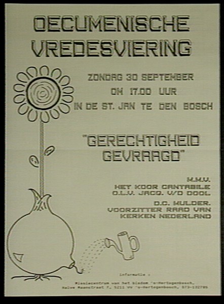 "Oecumenische vredesviering. Gerechtigheid gevraagd", affiche van het Missiecentrum van het Bisdom 's-Hertogenbosch