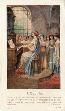 Devotieprentje uitgegeven door Mosmans en Zonen ter bevordering van de oprichting van een Katholieke universiteit, met op de voorzijde de H. Cecilia, 1921
