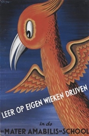Ontwerp voor een wervingsposter, met de tekst 'Leer op eigen wieken drijven in de Mater Amabilis school'. Ca. 1950-1960