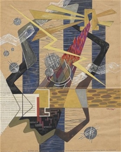 Ontwerptekening voor een wandkleed van 4 x 5 m. voor de kerk van de paters S.S.S. te Stevensbeek. Abstracte voorstelling gemaakt op teksten uit 'Le milieu divin' van Teilhard de Chardin. Ca. 1950-1960