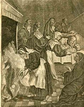 Gravure uit 1639 waarop enkele gebeurtenissen rond het wonder van Amsterdam in één afbeelding zijn samengebracht.