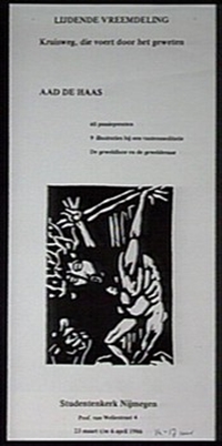 "Lijdende vreemdeling. Kruisweg, die voert door het geweten" Aad de Haas, affiche studentenkerk Nijmegen, 1986